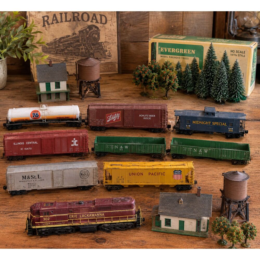 VTG LIFE LIKE HO SCALE TRAIN LOT - 11 PC LOCOMOTIVE CARS SCENERY BUNDLE - UNTEST